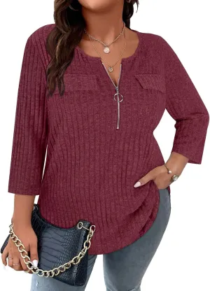 Viracy Women Plus Size Sweaters 3/4 Sleeve Zip V Neck Ribbed Solid Color Casual Blouses Tops XL-5XL