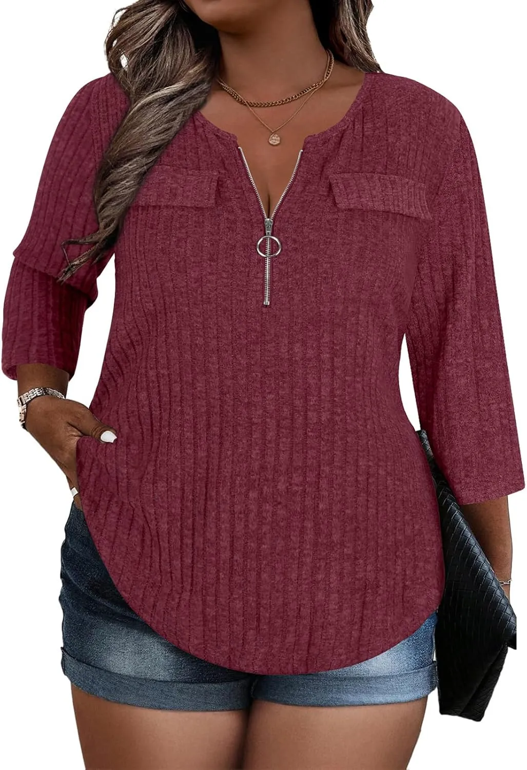 Viracy Women Plus Size Sweaters 3/4 Sleeve Zip V Neck Ribbed Solid Color Casual Blouses Tops XL-5XL