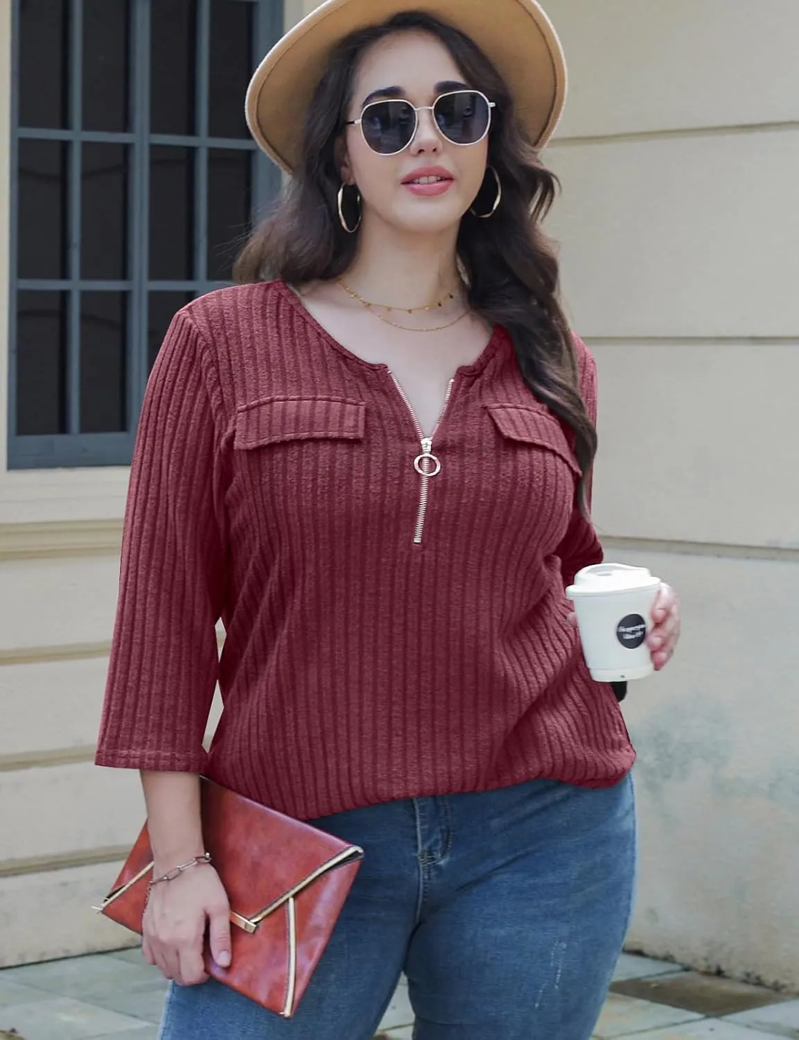 Viracy Women Plus Size Sweaters 3/4 Sleeve Zip V Neck Ribbed Solid Color Casual Blouses Tops XL-5XL