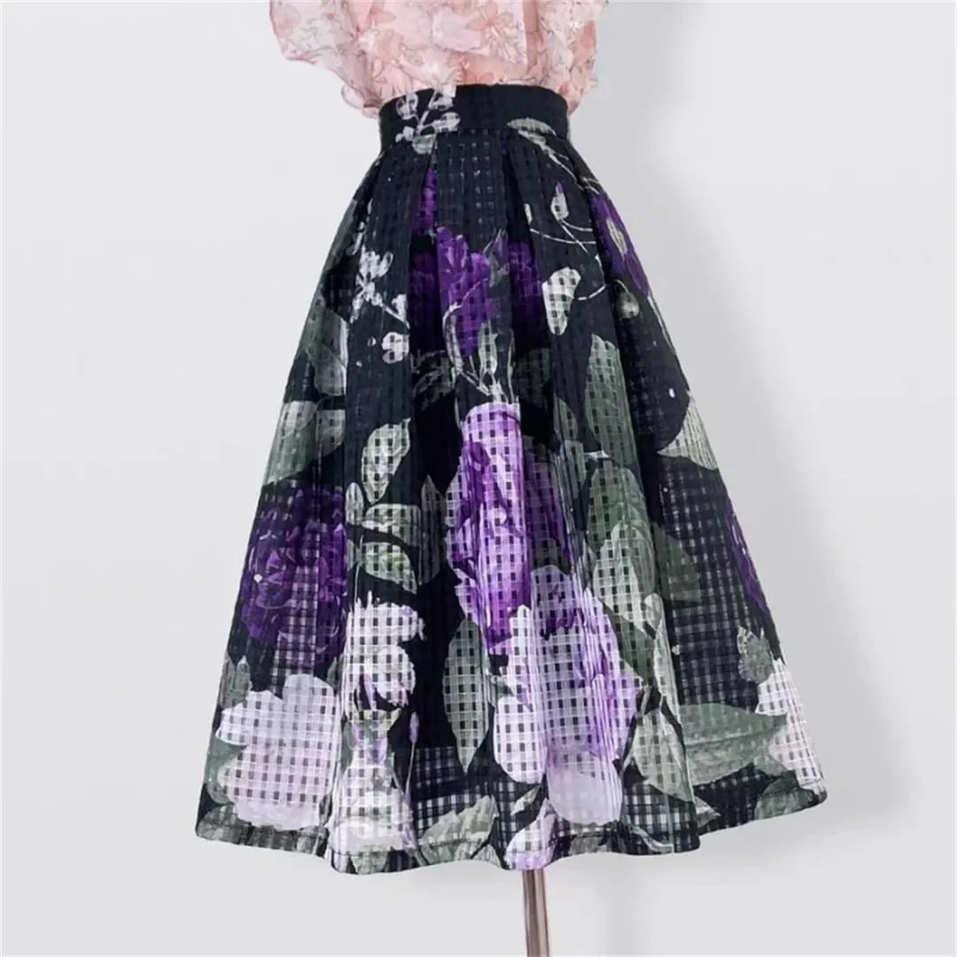 Vsadsau Women Elegant High Waist Skirt Long Pleated Midi Skirt Aesthetic Print Organza Skirt