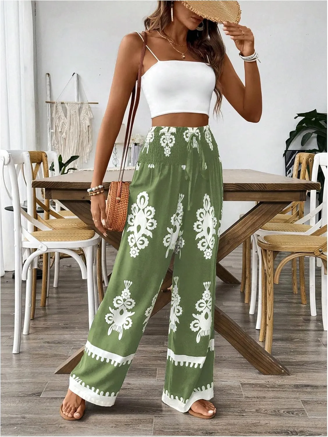 WDIRARA Women's Boho Floral Print Wide Leg Pants Smocked Drawstring High Waisted Trousers