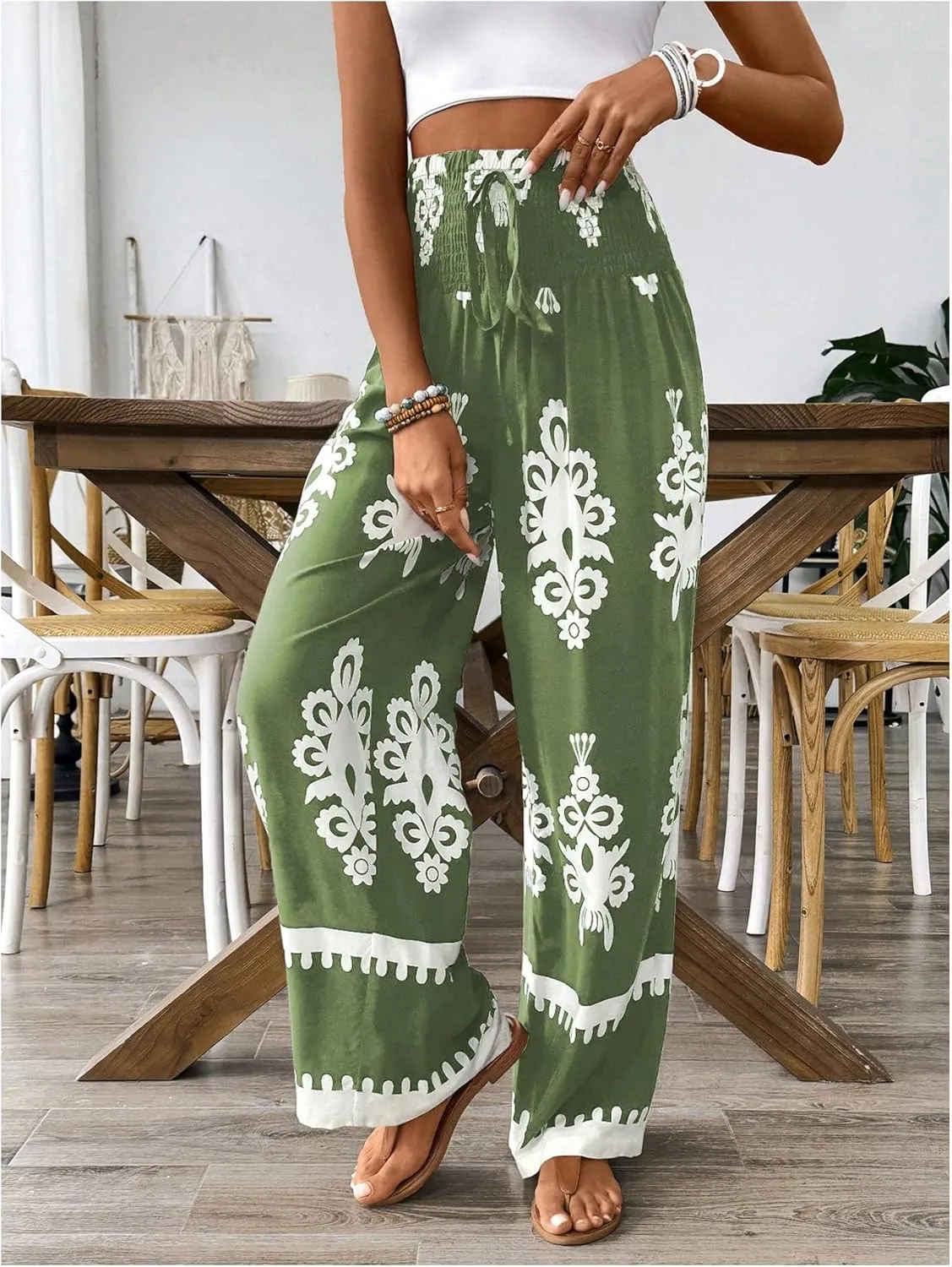WDIRARA Women's Boho Floral Print Wide Leg Pants Smocked Drawstring High Waisted Trousers