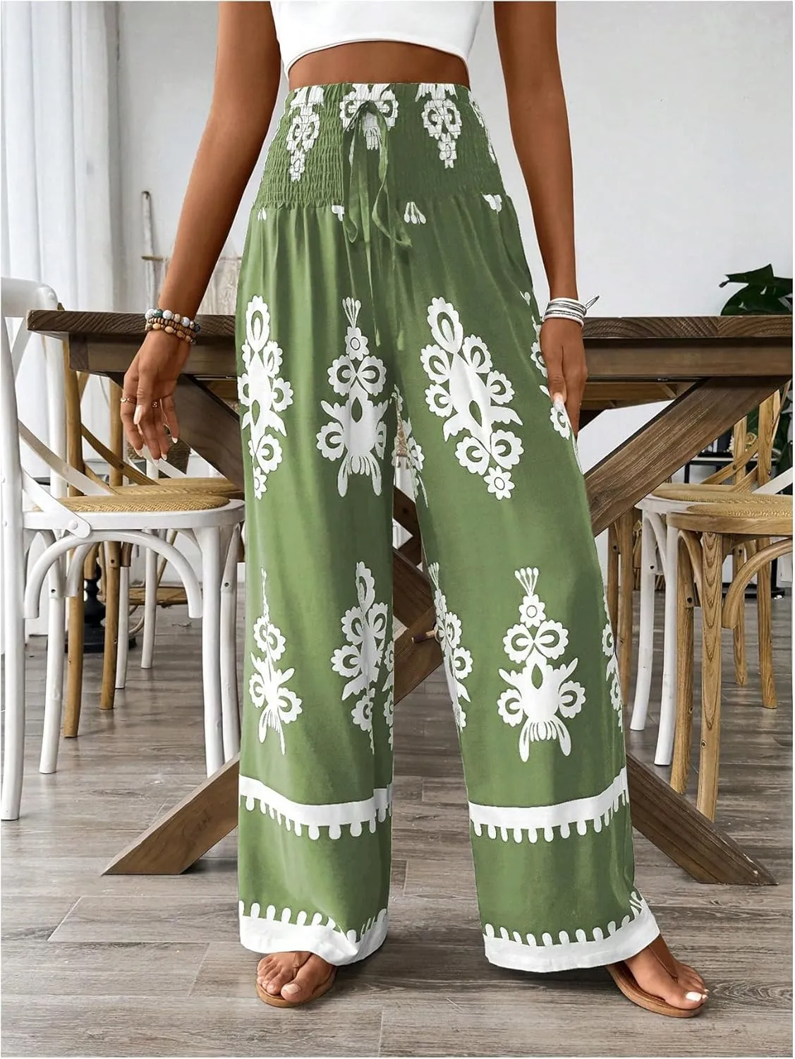 WDIRARA Women's Boho Floral Print Wide Leg Pants Smocked Drawstring High Waisted Trousers