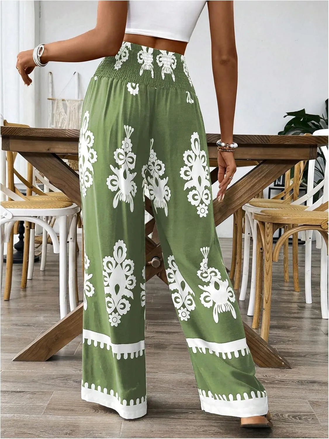 WDIRARA Women's Boho Floral Print Wide Leg Pants Smocked Drawstring High Waisted Trousers