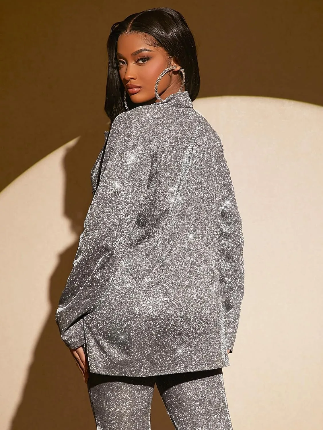 WDIRARA Women's Glitter Sequin Blazer Jacket Lapel Neck Long Sleeve Sparkly Party Blazers Outerwear