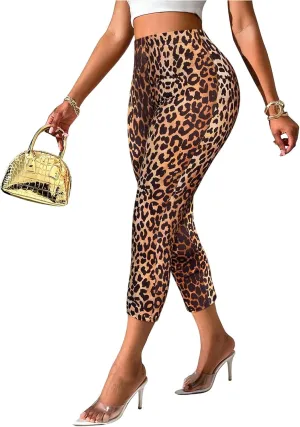 WDIRARA Women's Leopard Print High Waist Leggings Tummy Control Fitted Cropped Yoga Pants