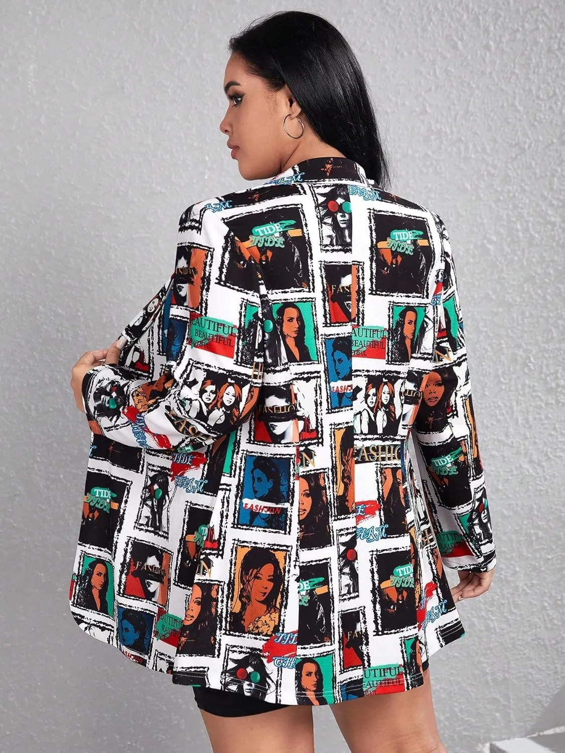 WDIRARA Women's Plus Size Figure Graphic Single Button Blazer Long Sleeve Casual Work Office Coat Outerwear