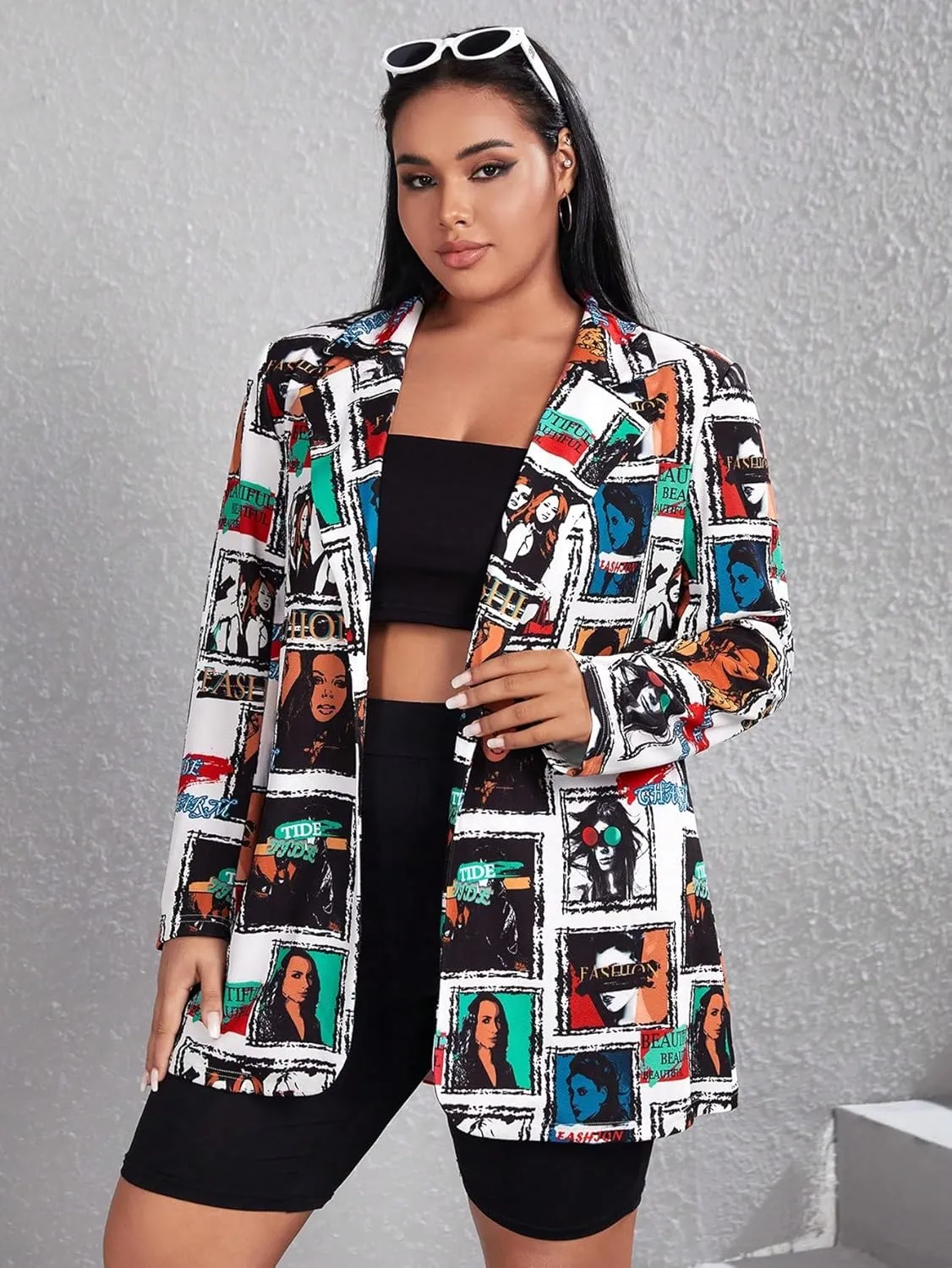 WDIRARA Women's Plus Size Figure Graphic Single Button Blazer Long Sleeve Casual Work Office Coat Outerwear