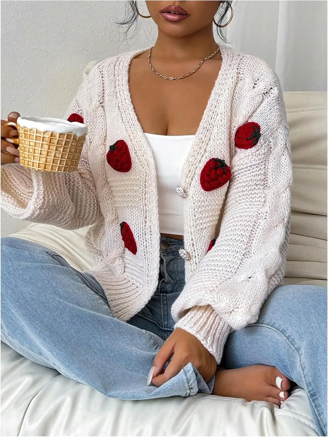 WDIRARA Women's Strawberry Embroidery Crop Cardigan Drop Shoulder Button Up Sweater Tops V Neck Outerwear