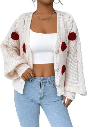 WDIRARA Women's Strawberry Embroidery Crop Cardigan Drop Shoulder Button Up Sweater Tops V Neck Outerwear