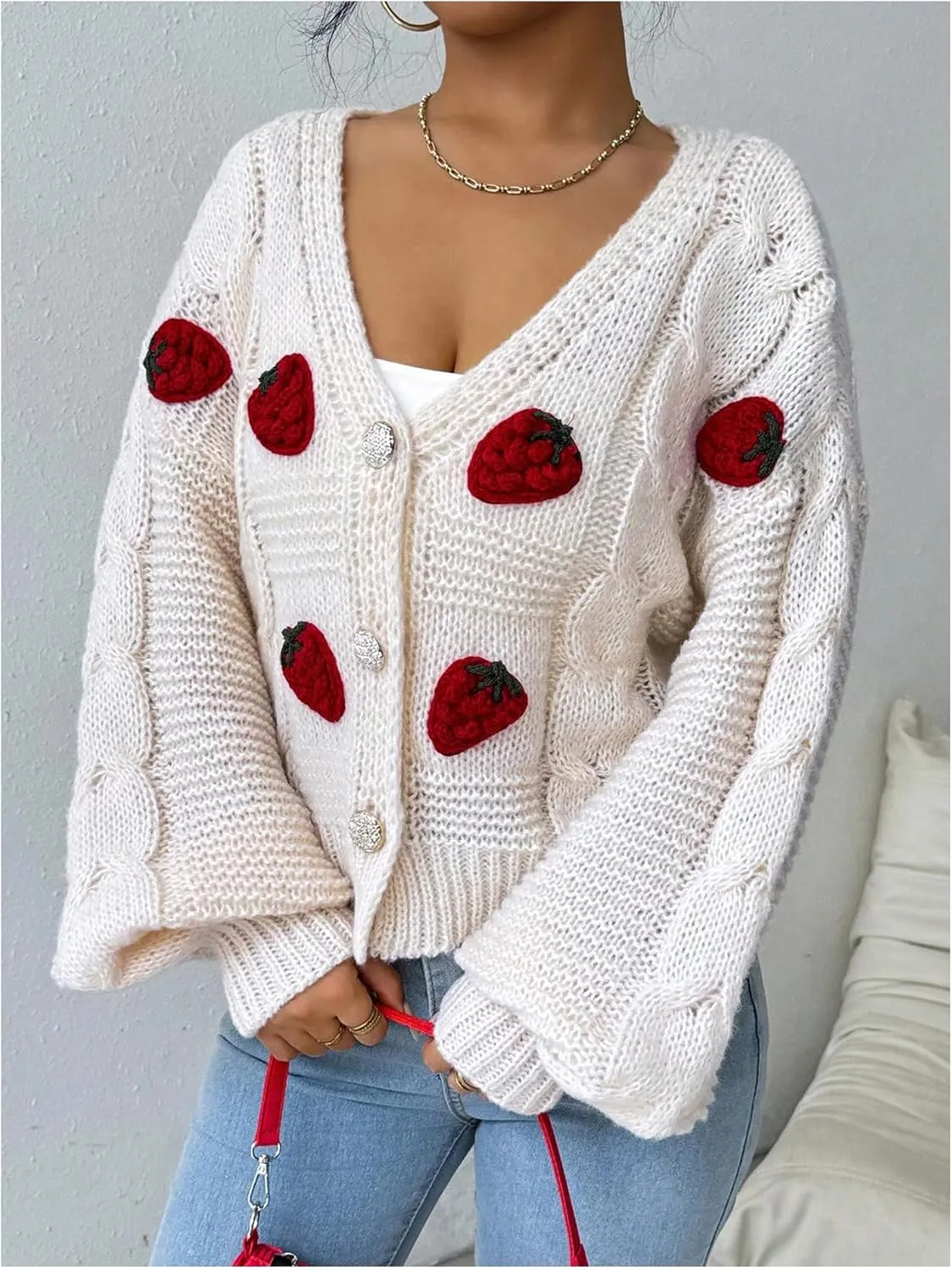 WDIRARA Women's Strawberry Embroidery Crop Cardigan Drop Shoulder Button Up Sweater Tops V Neck Outerwear