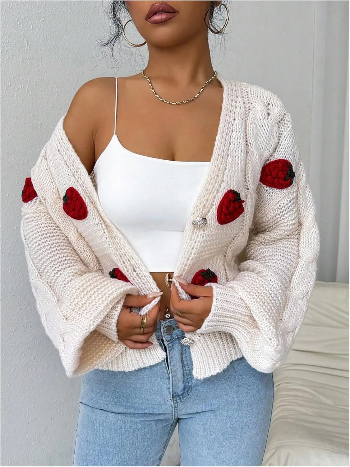 WDIRARA Women's Strawberry Embroidery Crop Cardigan Drop Shoulder Button Up Sweater Tops V Neck Outerwear