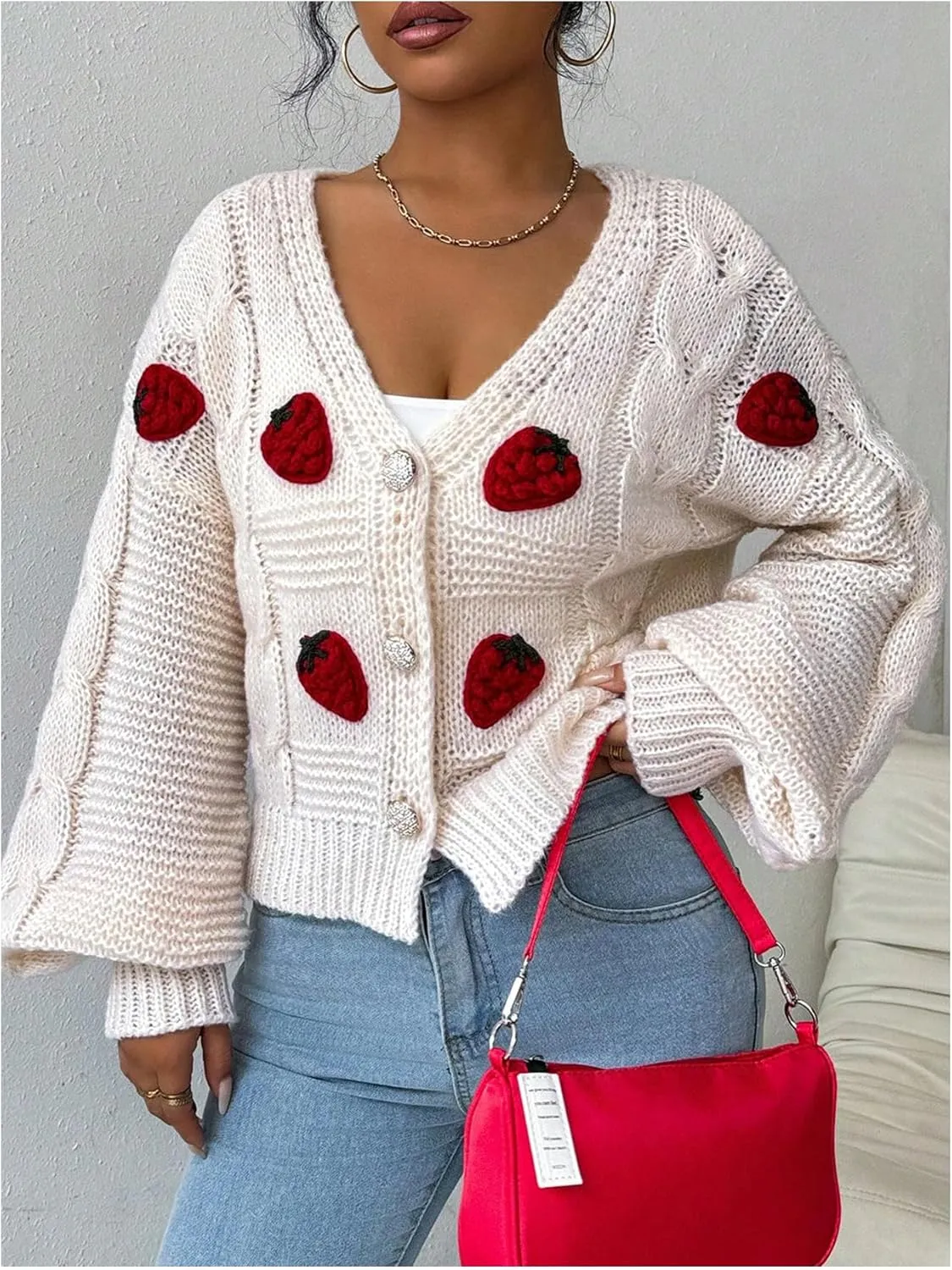 WDIRARA Women's Strawberry Embroidery Crop Cardigan Drop Shoulder Button Up Sweater Tops V Neck Outerwear
