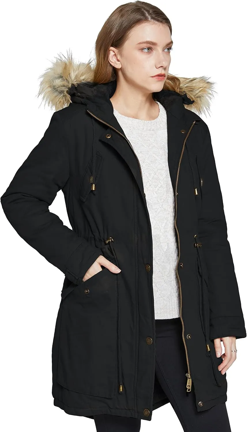 WenVen Women's Winter Thicken Fleece Jacket Fur Hooded Military Parka Coat