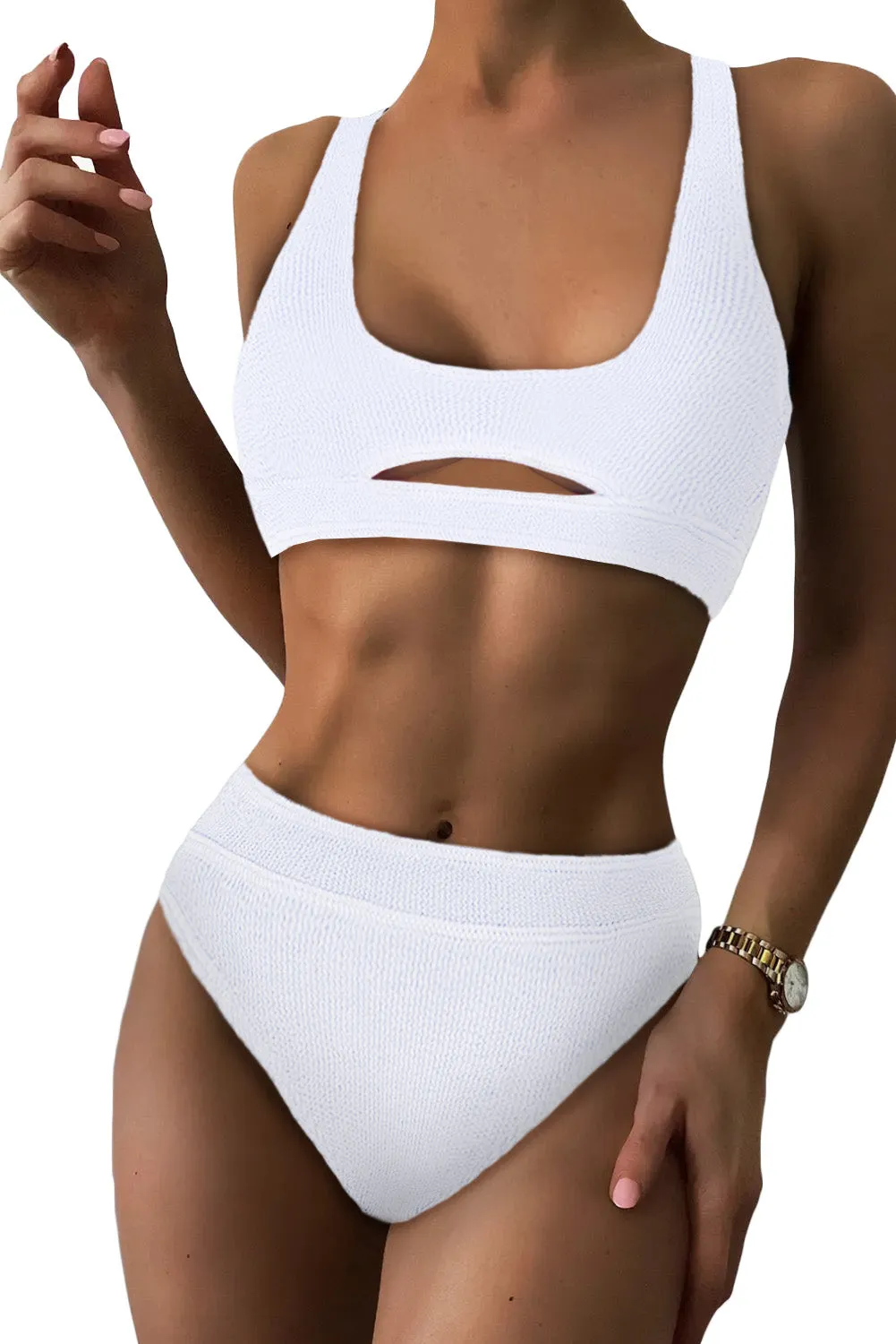 White 2pcs Solid Color Ribbed Cutout Bikini Set