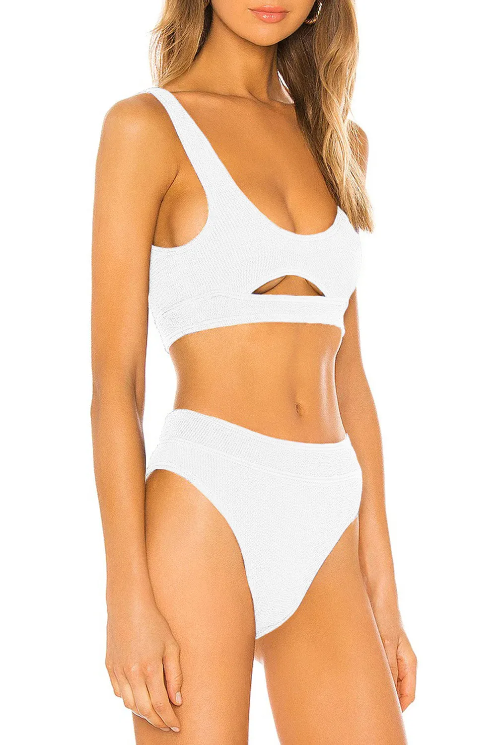 White 2pcs Solid Color Ribbed Cutout Bikini Set