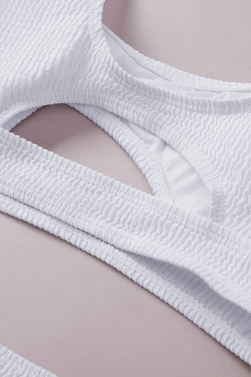 White 2pcs Solid Color Ribbed Cutout Bikini Set