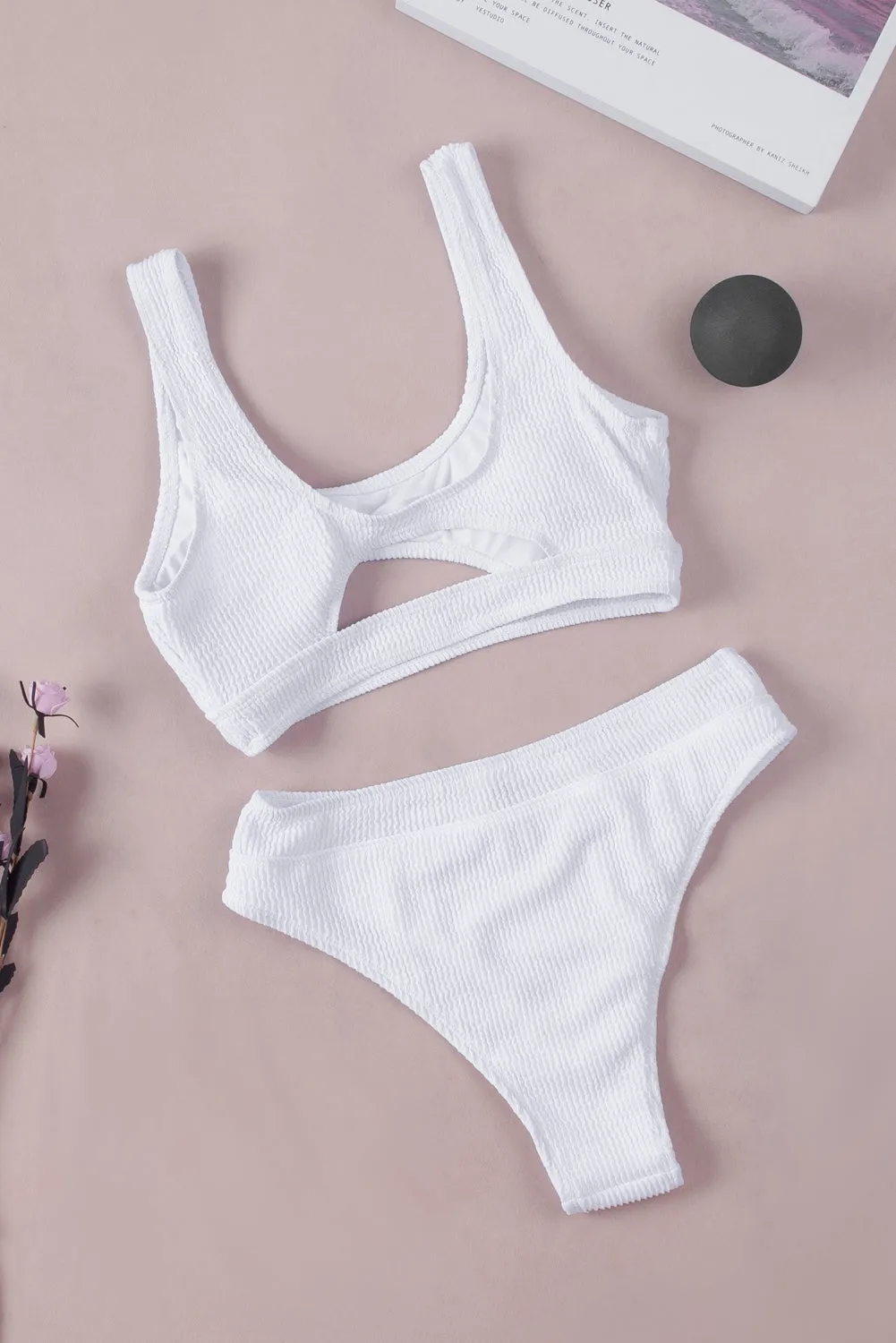 White 2pcs Solid Color Ribbed Cutout Bikini Set