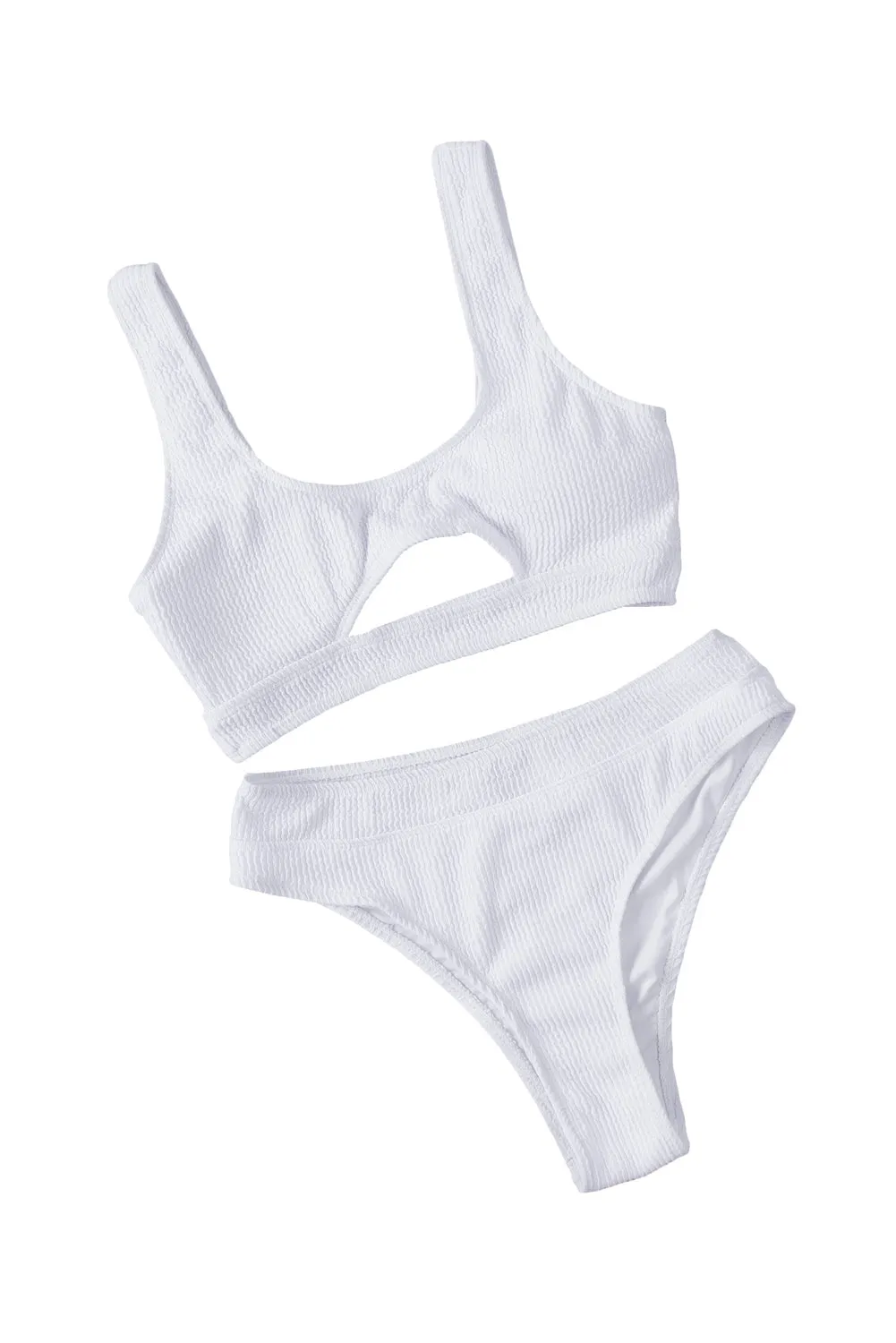 White 2pcs Solid Color Ribbed Cutout Bikini Set