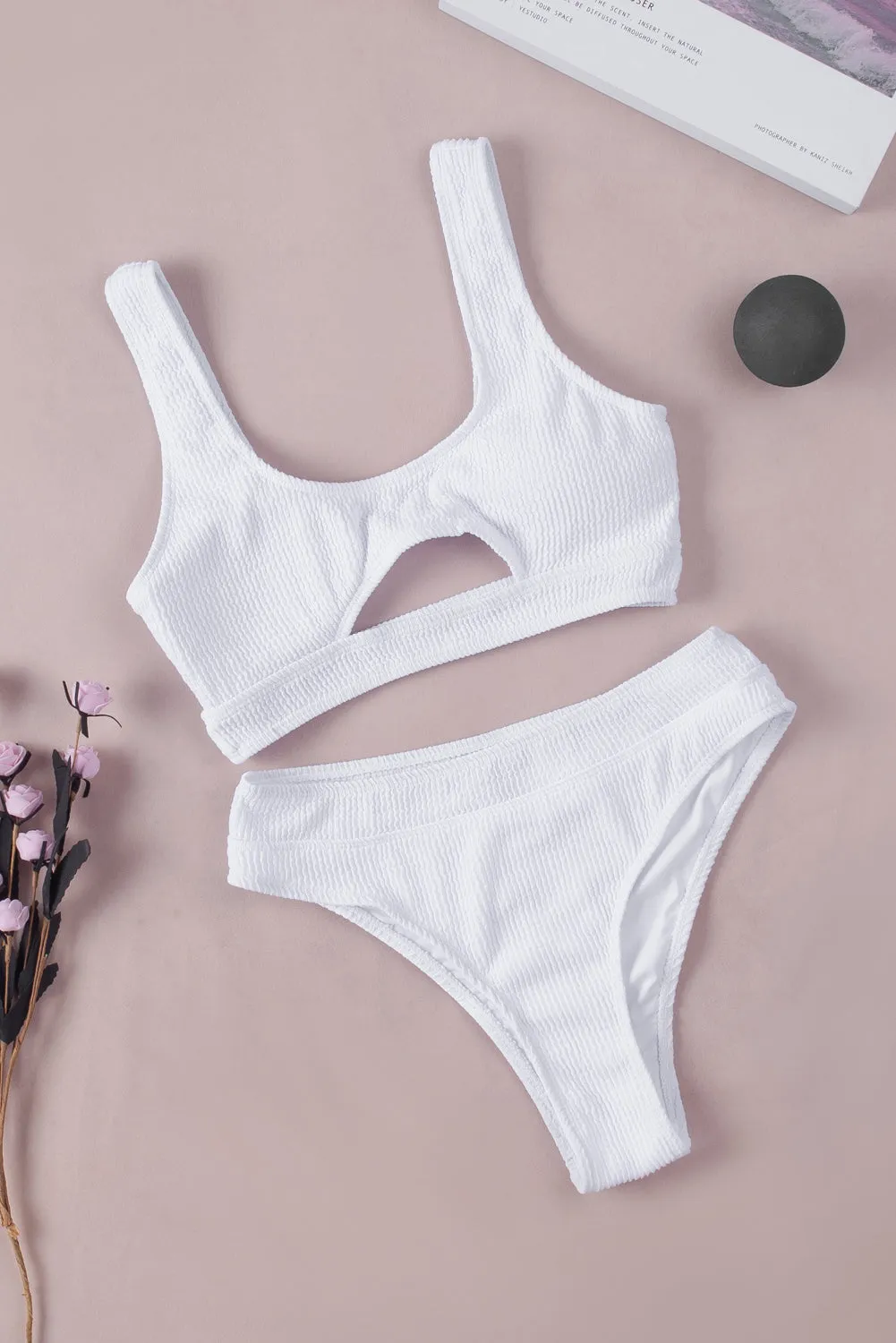 White 2pcs Solid Color Ribbed Cutout Bikini Set