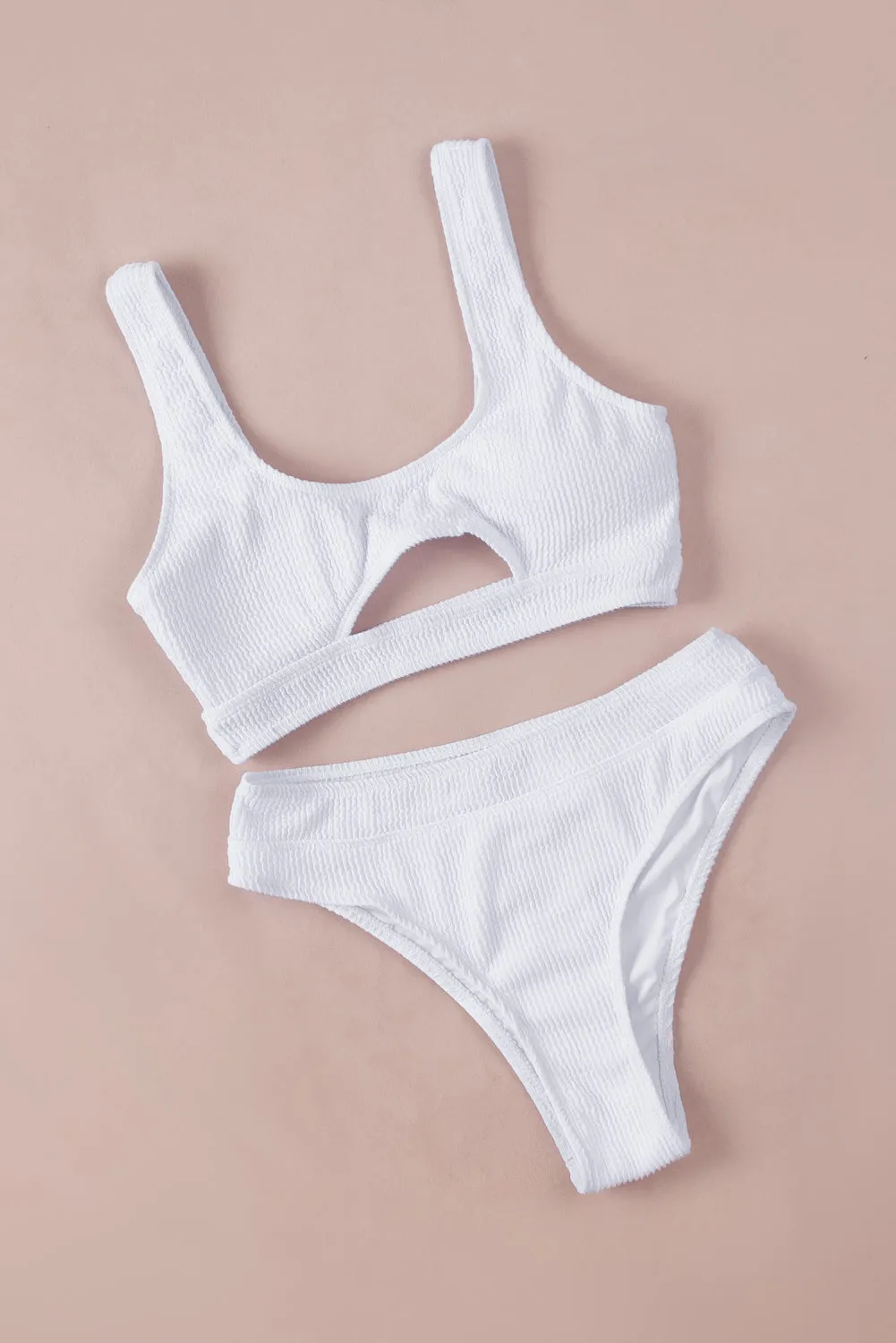 White 2pcs Solid Color Ribbed Cutout Bikini Set