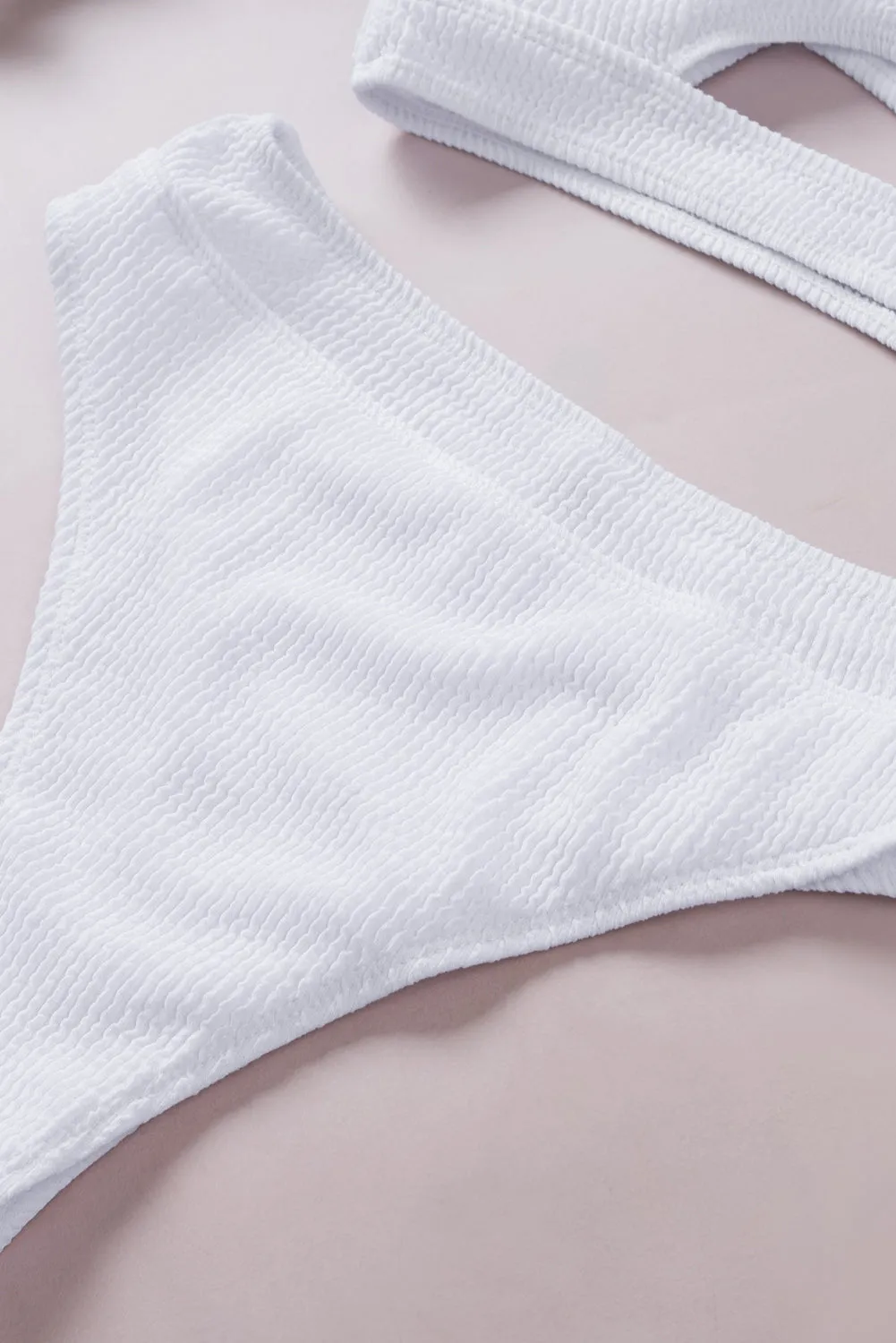 White 2pcs Solid Color Ribbed Cutout Bikini Set