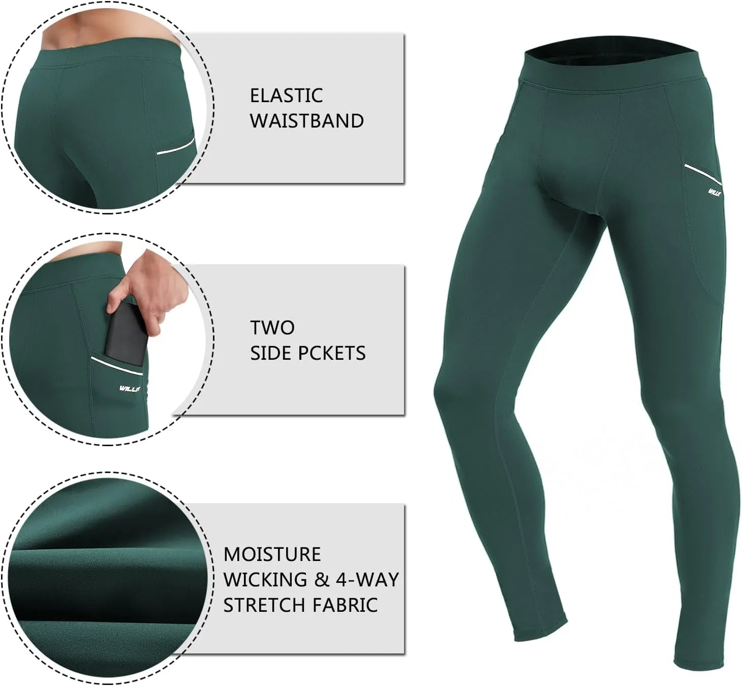 Willit Men's Active Yoga Leggings Pants Running Dance Tights with Pockets Cycling Workout Pants Quick Dry