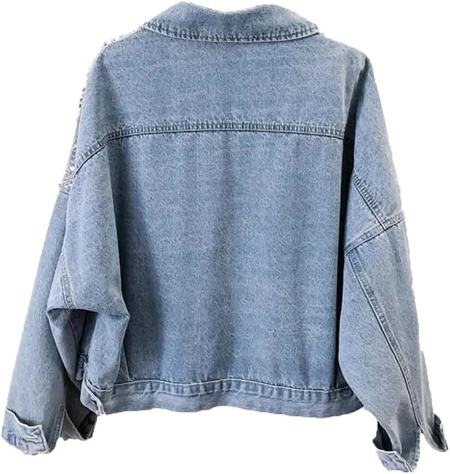 Women Autumn Mesh Diamonds Hollow Out Denim Jacket Loose Short Cowboy Fashion Jackets