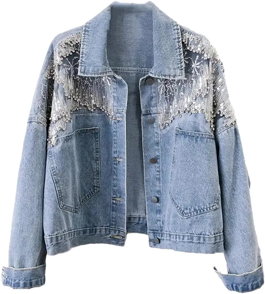 Women Autumn Mesh Diamonds Hollow Out Denim Jacket Loose Short Cowboy Fashion Jackets