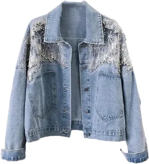 Women Autumn Mesh Diamonds Hollow Out Denim Jacket Loose Short Cowboy Fashion Jackets
