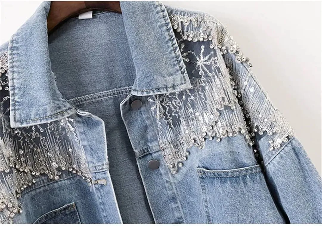 Women Autumn Mesh Diamonds Hollow Out Denim Jacket Loose Short Cowboy Fashion Jackets