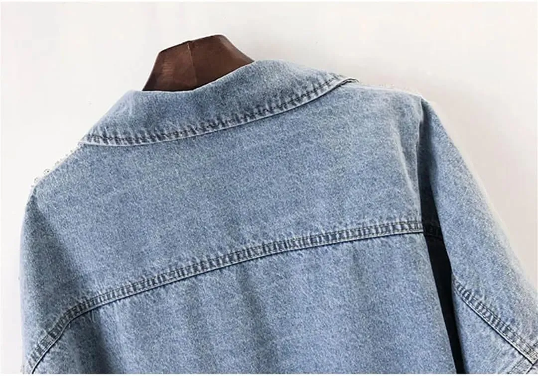 Women Autumn Mesh Diamonds Hollow Out Denim Jacket Loose Short Cowboy Fashion Jackets