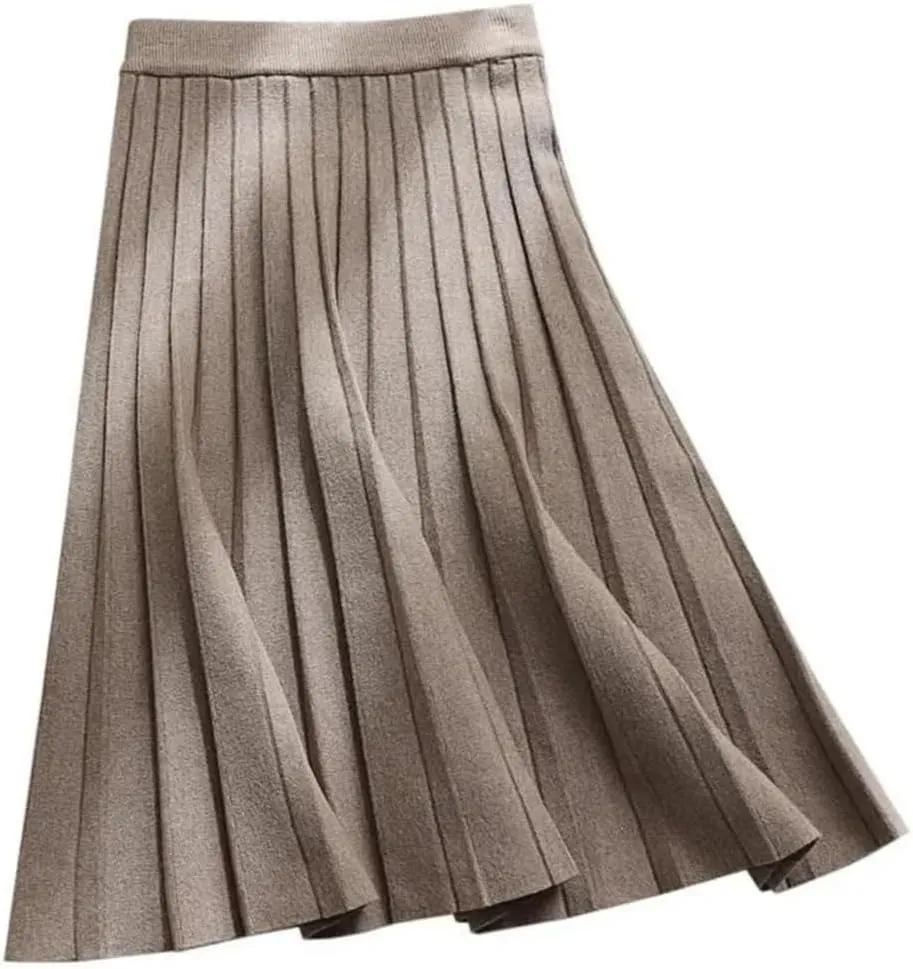 Women Black Knit Midi Skirt A-Line Elastic High Waist Pleated Casual Long Skirts