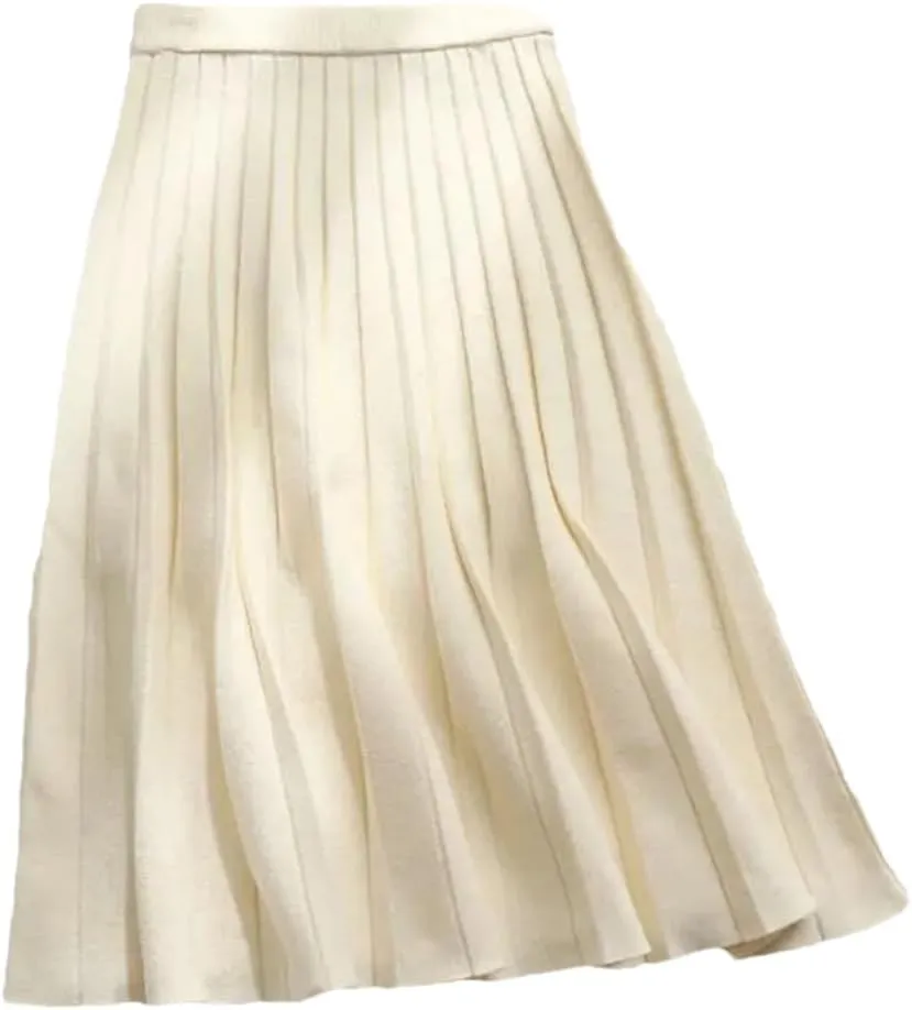 Women Black Knit Midi Skirt A-Line Elastic High Waist Pleated Casual Long Skirts