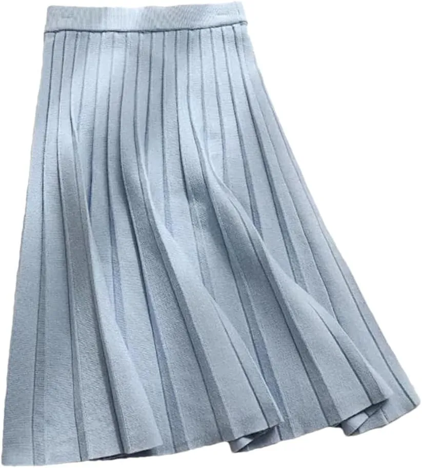 Women Black Knit Midi Skirt A-Line Elastic High Waist Pleated Casual Long Skirts