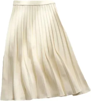 Women Black Knit Midi Skirt A-Line Elastic High Waist Pleated Casual Long Skirts