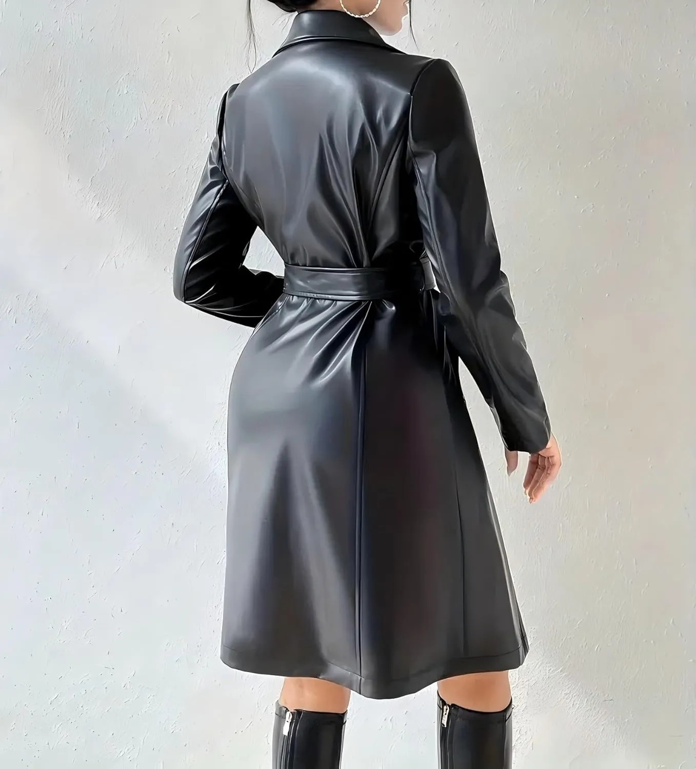 Women Black Leather Trench Coat Long Leather Jacket Women Long Sleeve Motorcycle Biker With Belt