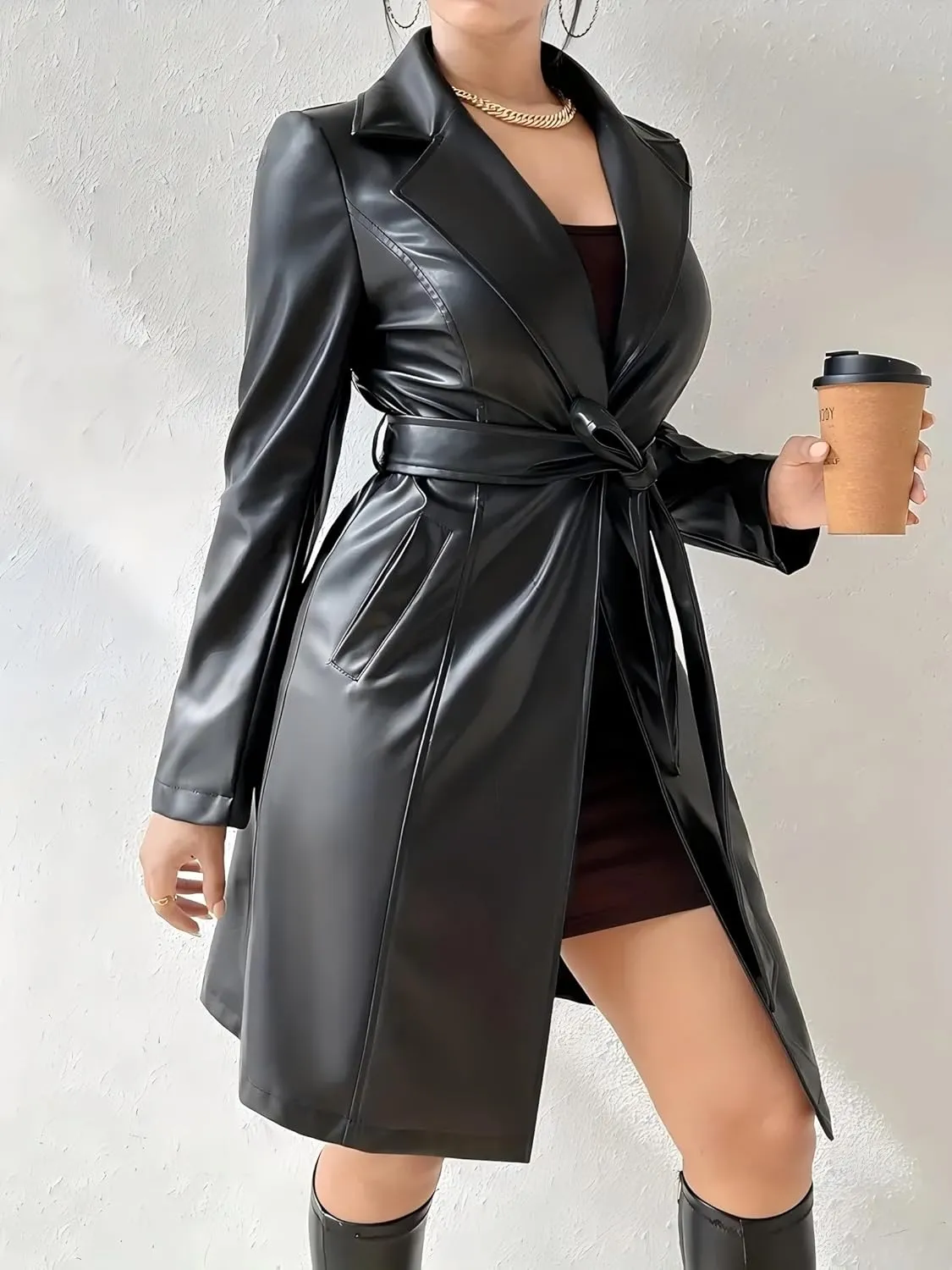 Women Black Leather Trench Coat Long Leather Jacket Women Long Sleeve Motorcycle Biker With Belt