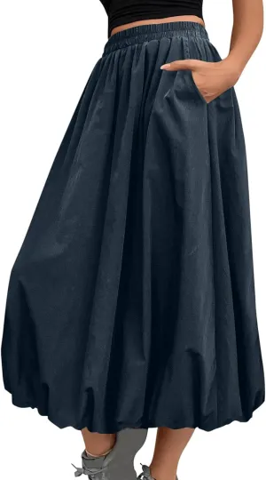 Women Casual Midi Skirts 2025 Summer Trendy Solid Color Elastic Waist Flowy A-Line Versatile Skirt with Pocket