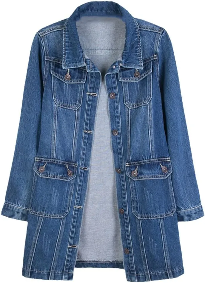 Women Denim Jackets Spring Autumn Long Sleeve Mid-Length Jean Coat Fashion All Matched Outerwear
