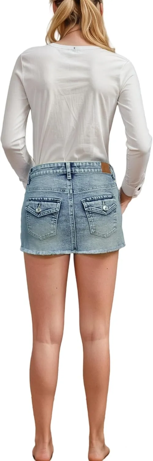 Women Denim Skirt with Shorts Mini Skort - Casual Jean Skirts with Raw Hem & Pockets