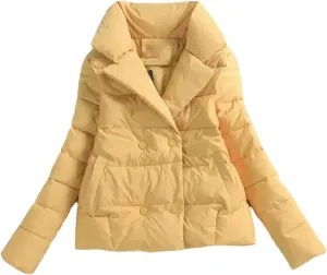 Women Down Cotton-Padded Jacket Short Suit Collar Outerwear solid Colour Long Sleeve Coat yellow XL