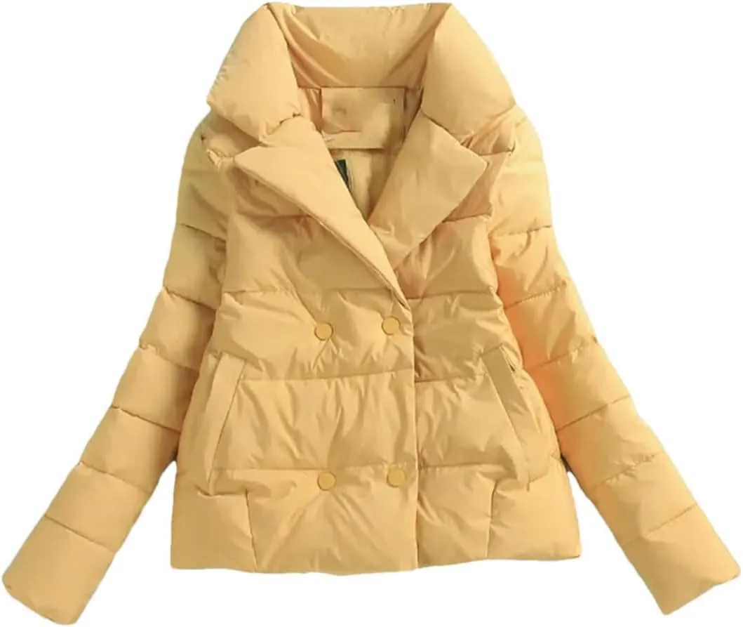 Women Down Cotton-Padded Jacket Short Suit Collar Outerwear solid Colour Long Sleeve Coat yellow XXL