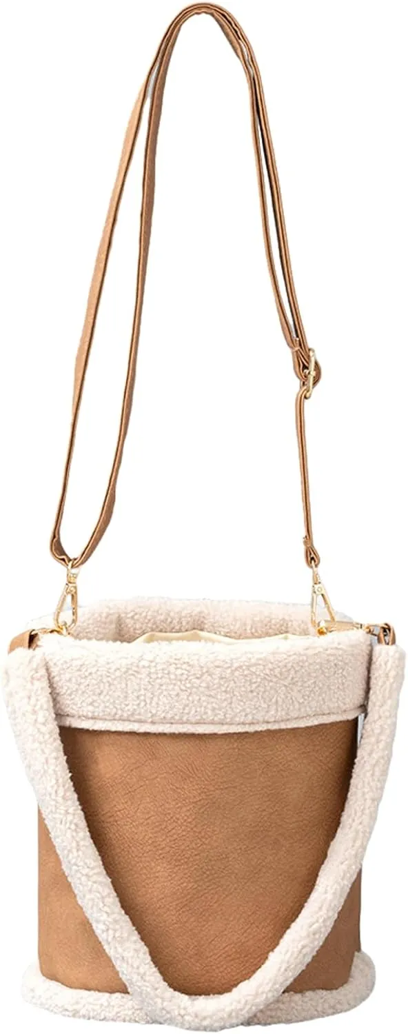 Women Fall Faux Shearling Tote Bag 2024 Vintage Lamb Wool Bucket Bag Versatile Shoulder Crossbody Bag Plush Handbag