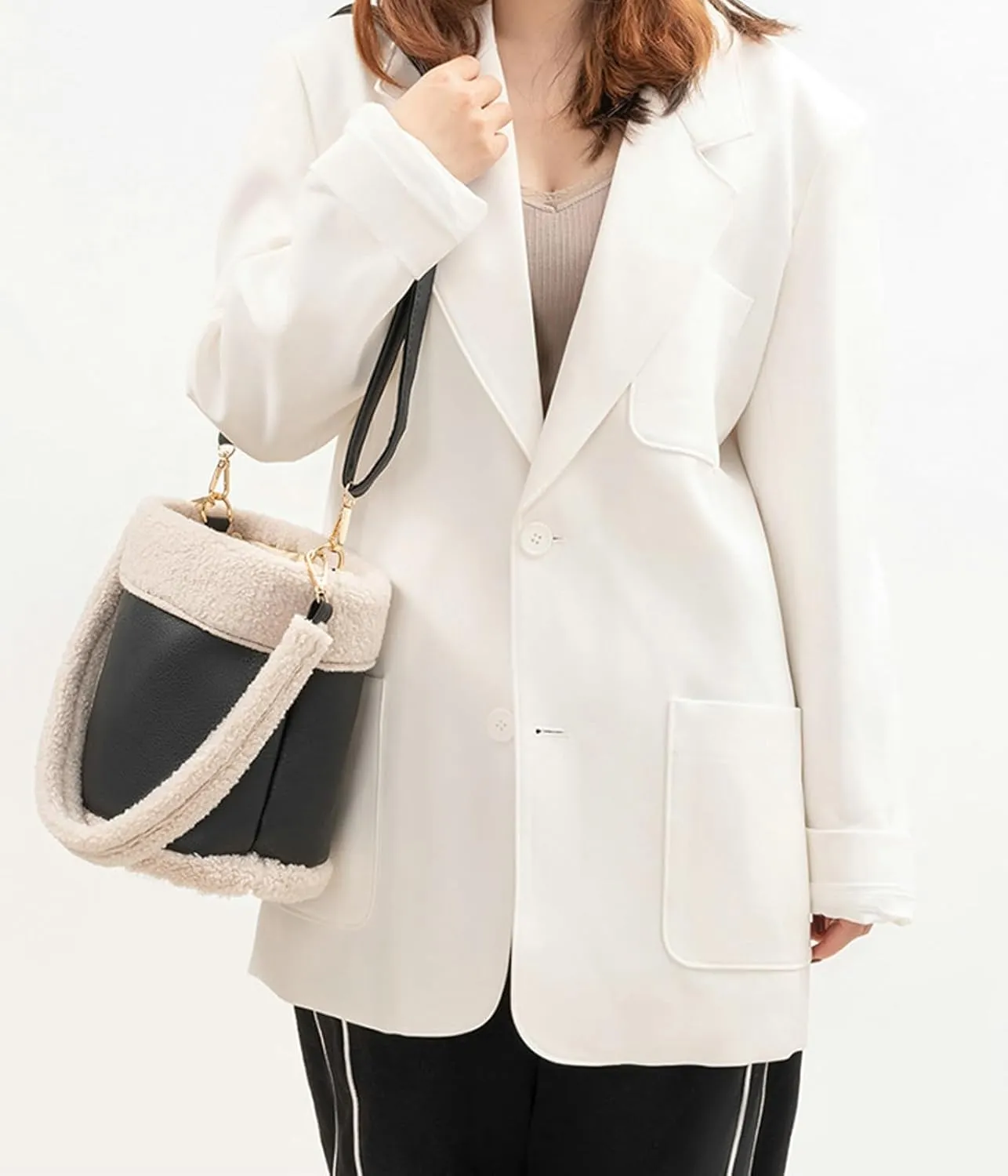 Women Fall Faux Shearling Tote Bag 2024 Vintage Lamb Wool Bucket Bag Versatile Shoulder Crossbody Bag Plush Handbag