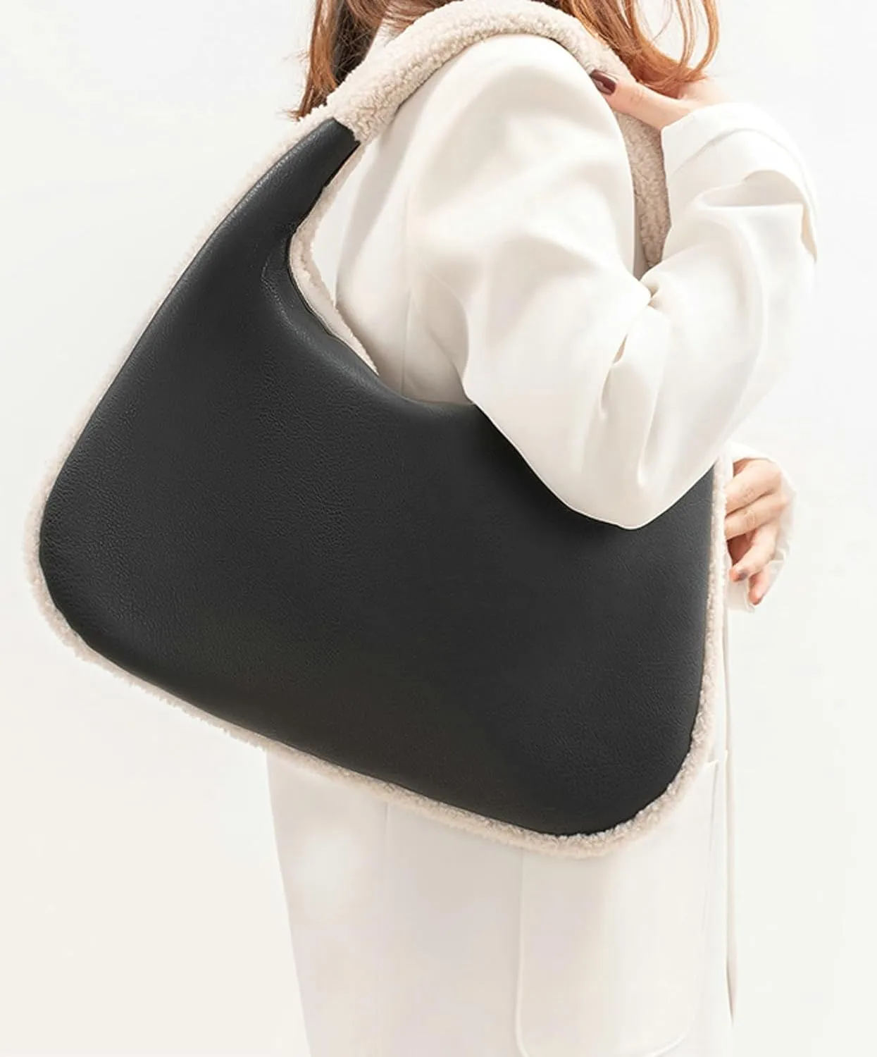 Women Fall Faux Shearling Tote Bag 2024 Vintage Lamb Wool Bucket Bag Versatile Shoulder Crossbody Bag Plush Handbag