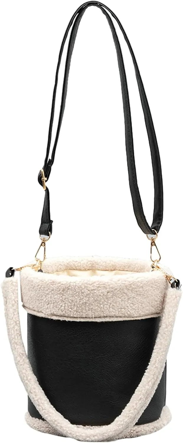 Women Fall Faux Shearling Tote Bag 2024 Vintage Lamb Wool Bucket Bag Versatile Shoulder Crossbody Bag Plush Handbag