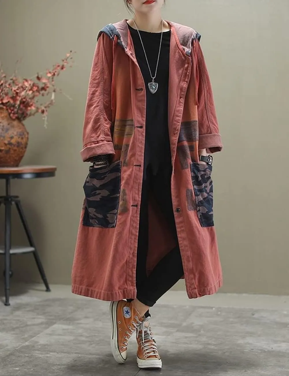 Women Fashion Oversized Distressed Denim Trench Jacket Coat Casual Ethnic Printed Fall Winter Hooded Outerwear