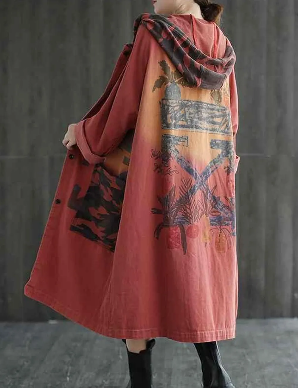 Women Fashion Oversized Distressed Denim Trench Jacket Coat Casual Ethnic Printed Fall Winter Hooded Outerwear