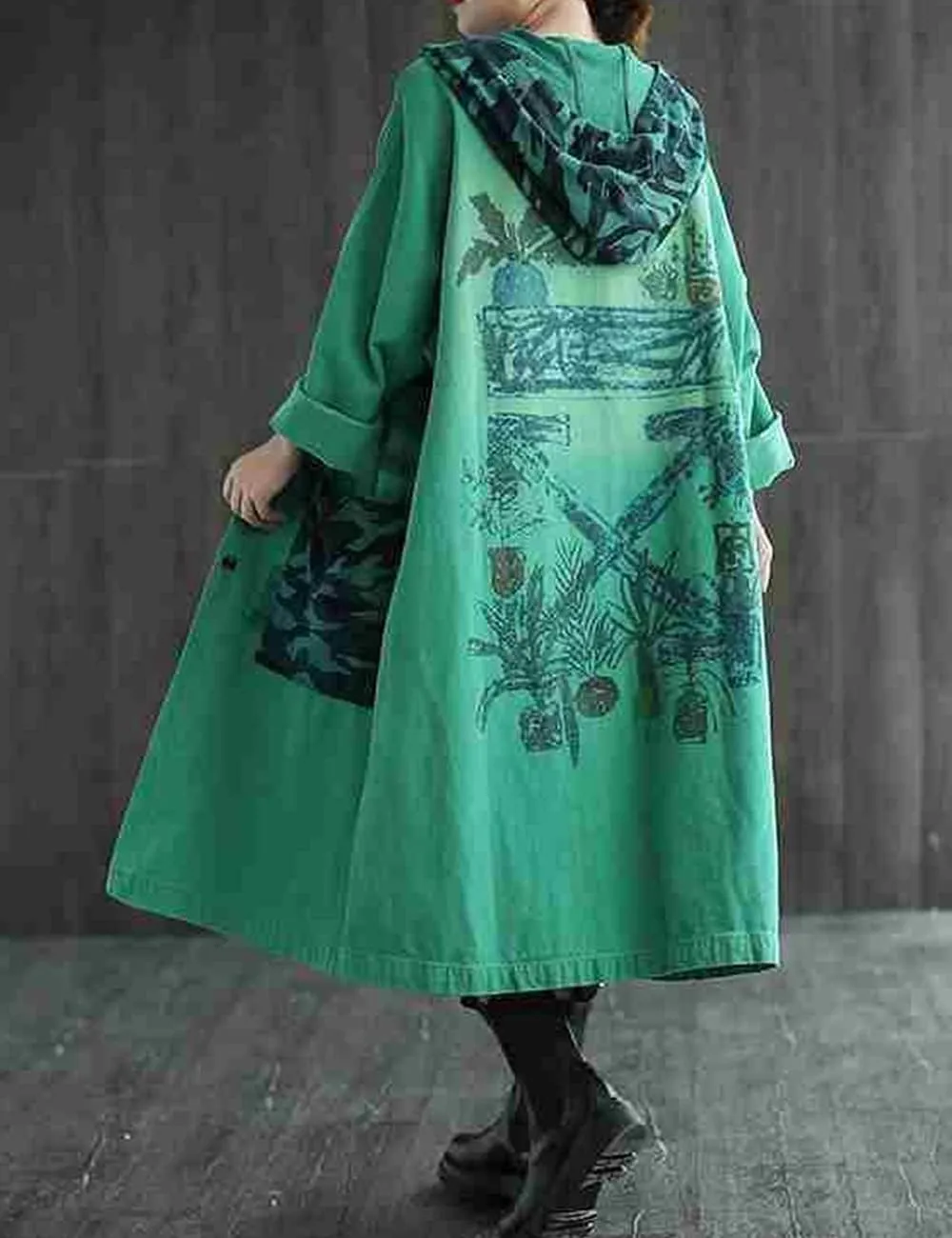 Women Fashion Oversized Distressed Denim Trench Jacket Coat Casual Ethnic Printed Fall Winter Hooded Outerwear